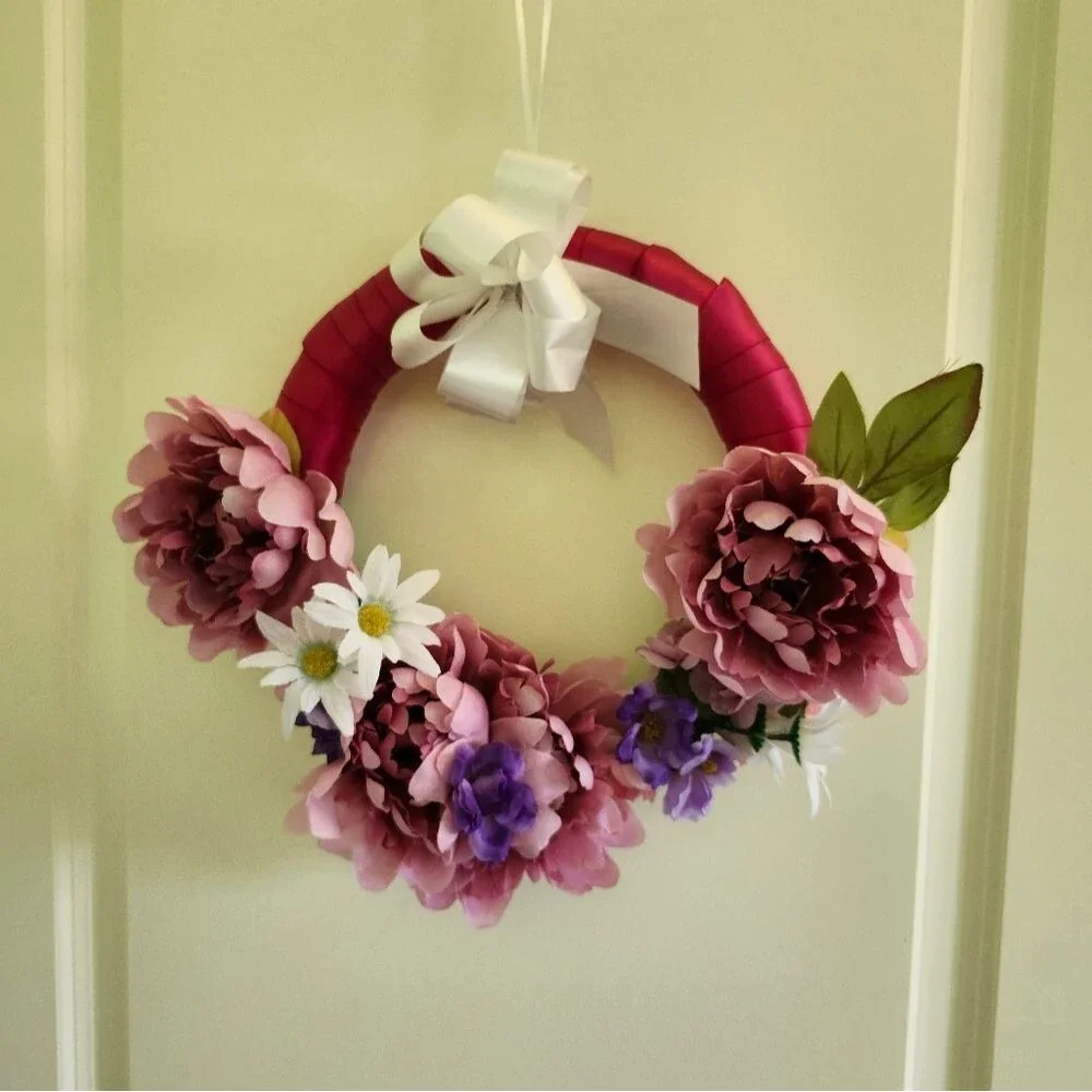 Hand Crafted Pink Peony Daisy Floral Wreath Summer Door Wall Decoration